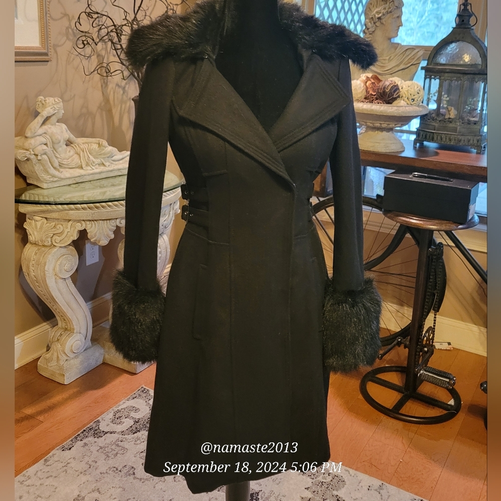 Bebe Wool Blend Jacket Faux Fur Collar Faux Fur Sleeve Cuffs Designer Luxury 62 - Picture 9 of 14